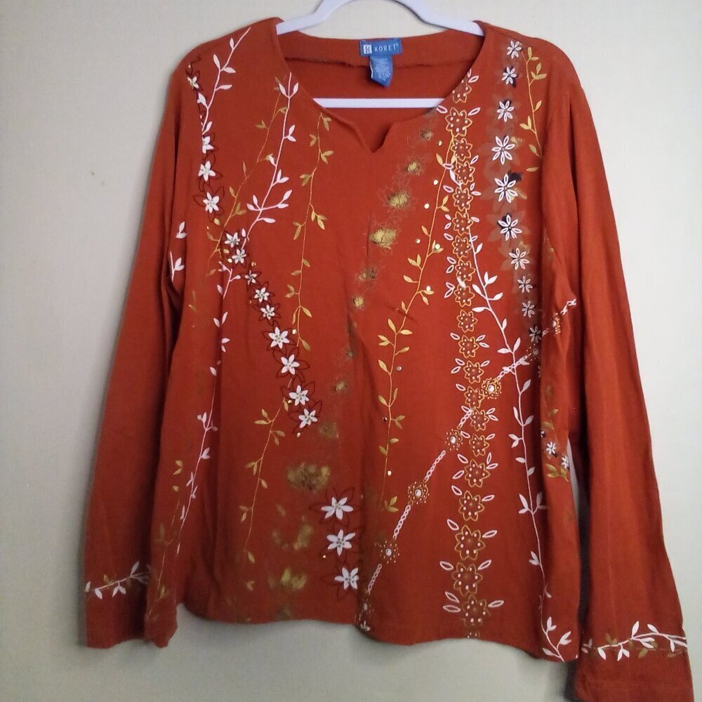 Koret Blouse Women L Long Sleeve Floral Pattern Brown